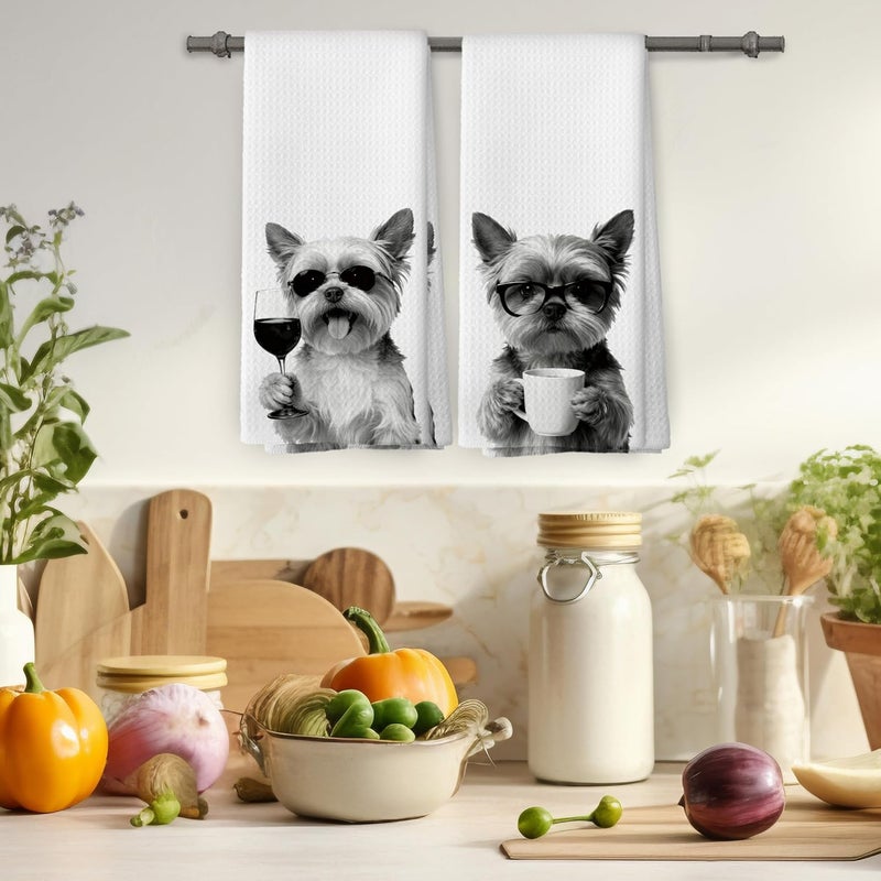 Mcehtle Funny Yorkshire Terrier Kitchen Towels Set of 2, Funny Dog Kitchen Accessories, Coffee Wine Station Decor, Chef Gift Hand Towel, Dining Room Decorative Tea Towel Dish Towels 16x24 Inch - Image 4